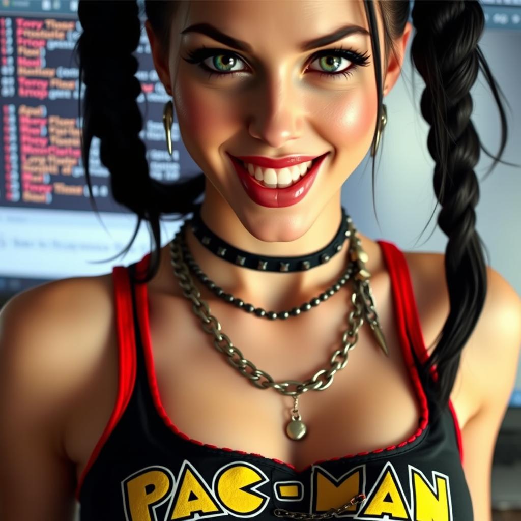 extreme close-up of a gorgeous female with a large chest, pale skin and black pigtails