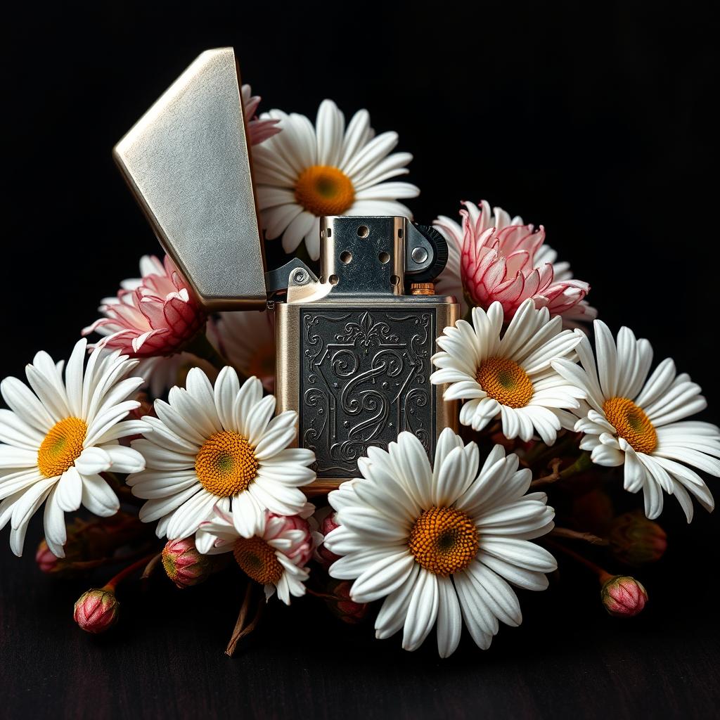 A realistic lighter with intricate details placed centrally on the book cover, surrounded by a flourishing arrangement of daisy flowers with twisted, veiny blooms