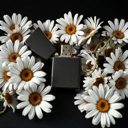 A realistic lighter with intricate details placed centrally on the book cover, surrounded by a flourishing arrangement of daisy flowers with twisted, veiny blooms