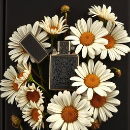 A realistic lighter with intricate details placed centrally on the book cover, surrounded by a flourishing arrangement of daisy flowers with twisted, veiny blooms