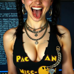 extreme close-up capturing the chest and torso of a gorgeous female with pale skin, black pigtails, wearing a ripped 'Miss Pac-Man' tank top that accentuates her large chest and cleavage