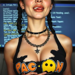 extreme close-up capturing the chest and torso of a gorgeous female with pale skin, black pigtails, wearing a ripped 'Miss Pac-Man' tank top that accentuates her large chest and cleavage