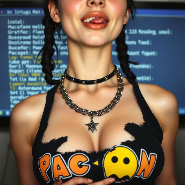 extreme close-up capturing the chest and torso of a gorgeous female with pale skin, black pigtails, wearing a ripped 'Miss Pac-Man' tank top that accentuates her large chest and cleavage