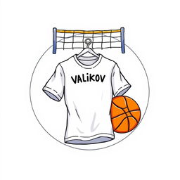 A detailed drawing of a circle featuring a volleyball net on top, with a white football shirt hanging under the net