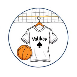 A detailed drawing of a circle featuring a volleyball net on top, with a white football shirt hanging under the net