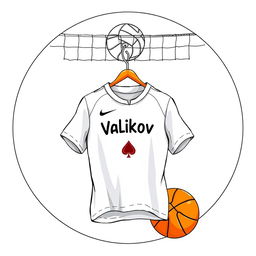 A detailed drawing of a circle featuring a volleyball net on top, with a white football shirt hanging under the net