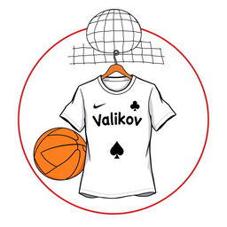 A detailed drawing of a circle featuring a volleyball net on top, with a white football shirt hanging under the net