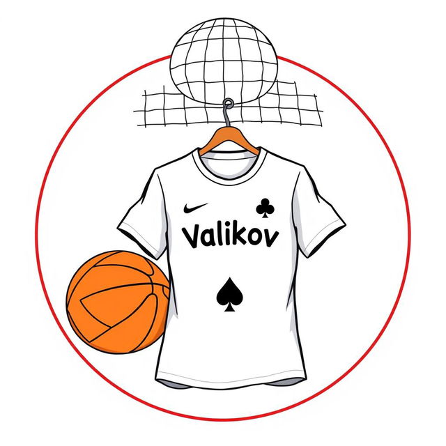 A detailed drawing of a circle featuring a volleyball net on top, with a white football shirt hanging under the net