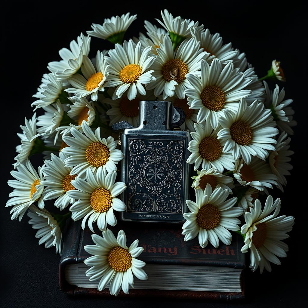 A realistic lighter with intricate details placed centrally on the book cover, surrounded by a flourishing arrangement of daisy flowers with twisted, veiny blooms