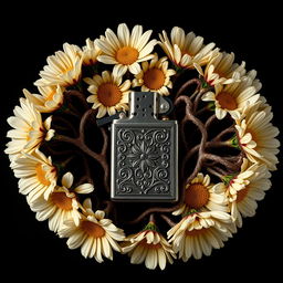 A realistic lighter with intricate details placed centrally on the book cover, surrounded by a flourishing arrangement of daisy flowers with twisted, veiny blooms