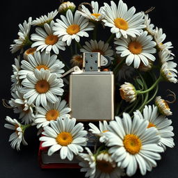 A realistic lighter with intricate details placed centrally on the book cover, surrounded by a flourishing arrangement of daisy flowers with twisted, veiny blooms