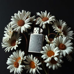 A realistic lighter with intricate details placed centrally on the book cover, surrounded by a flourishing arrangement of daisy flowers with twisted, veiny blooms