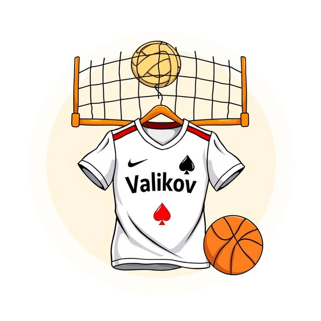 A detailed, cartoonish illustration within a circular frame featuring a bright volleyball net on top