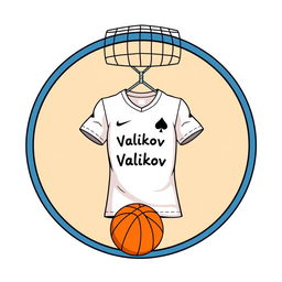 A detailed, cartoonish illustration within a circular frame featuring a bright volleyball net on top