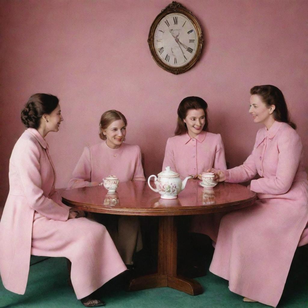 Two men and two women gathered around a table, sipping tea in a scene entirely colored in varying shades of pink.