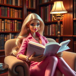 A doll-like figure inspired by Barbie, sitting comfortably in an elegant, luxurious library setting