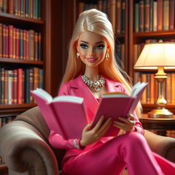 A doll-like figure inspired by Barbie, sitting comfortably in an elegant, luxurious library setting