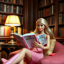 A doll-like figure inspired by Barbie, sitting comfortably in an elegant, luxurious library setting