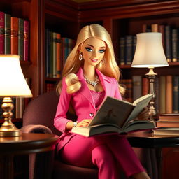 A doll-like figure inspired by Barbie, sitting comfortably in an elegant, luxurious library setting