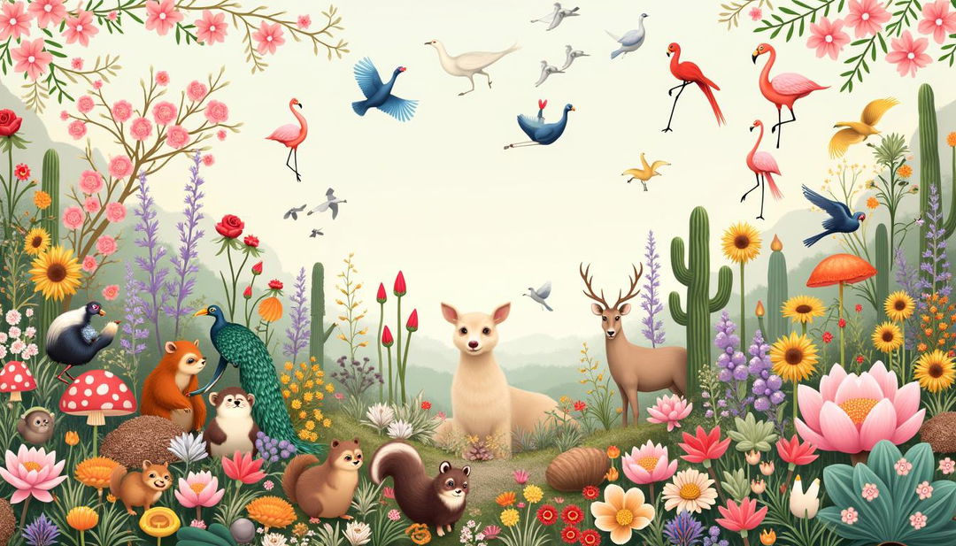 A whimsical scene filled with vibrant flora and adorable fauna: a variety of flowers including cherry blossoms, daisies, roses, tulips, lotus flowers, sunflowers, lavender, and wheat