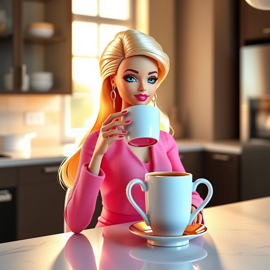 Barbie sipping aromatic coffee delicately from an elegant ceramic mug, seated in a chic modern kitchen setting