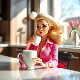 Barbie sipping aromatic coffee delicately from an elegant ceramic mug, seated in a chic modern kitchen setting