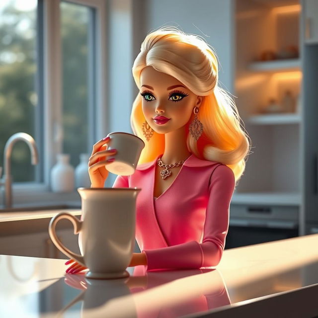 Barbie sipping aromatic coffee delicately from an elegant ceramic mug, seated in a chic modern kitchen setting