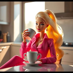 Barbie sipping aromatic coffee delicately from an elegant ceramic mug, seated in a chic modern kitchen setting