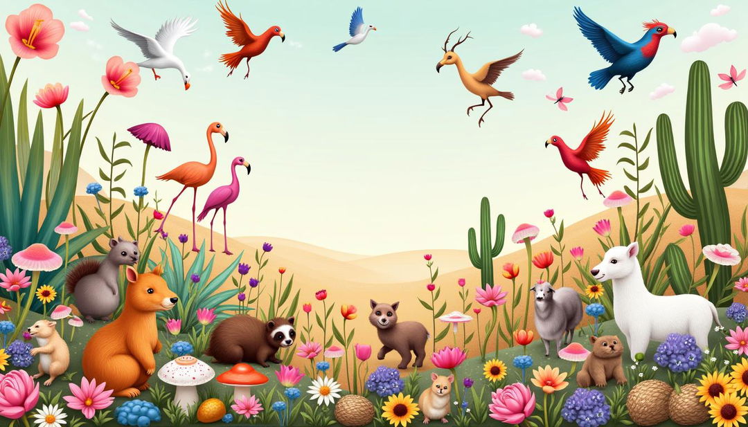 A whimsical scene filled with vibrant flora and adorable fauna: a variety of flowers including cherry blossoms, daisies, roses, tulips, lotus flowers, sunflowers, lavender, and wheat