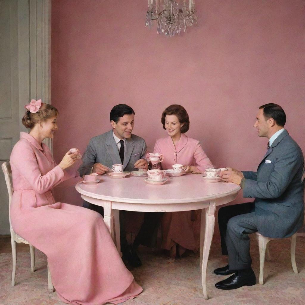 Two men and two women gathered around a table, sipping tea in a scene entirely colored in varying shades of pink.