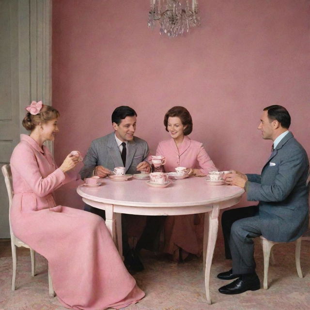 Two men and two women gathered around a table, sipping tea in a scene entirely colored in varying shades of pink.