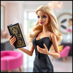 A Barbie doll posed elegantly, holding a mysterious black book in one hand