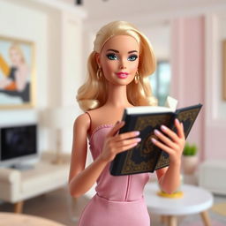 A Barbie doll posed elegantly, holding a mysterious black book in one hand