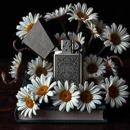 A realistic lighter with intricate details placed centrally on the book cover, surrounded by a flourishing arrangement of daisy flowers with twisted, veiny blooms