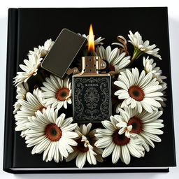 A realistic lighter with intricate details placed centrally on the book cover, surrounded by a flourishing arrangement of daisy flowers with twisted, veiny blooms