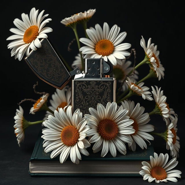 A realistic lighter with intricate details placed centrally on the book cover, surrounded by a flourishing arrangement of daisy flowers with twisted, veiny blooms