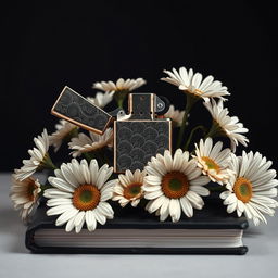 A realistic lighter with intricate details placed centrally on the book cover, surrounded by a flourishing arrangement of daisy flowers with twisted, veiny blooms