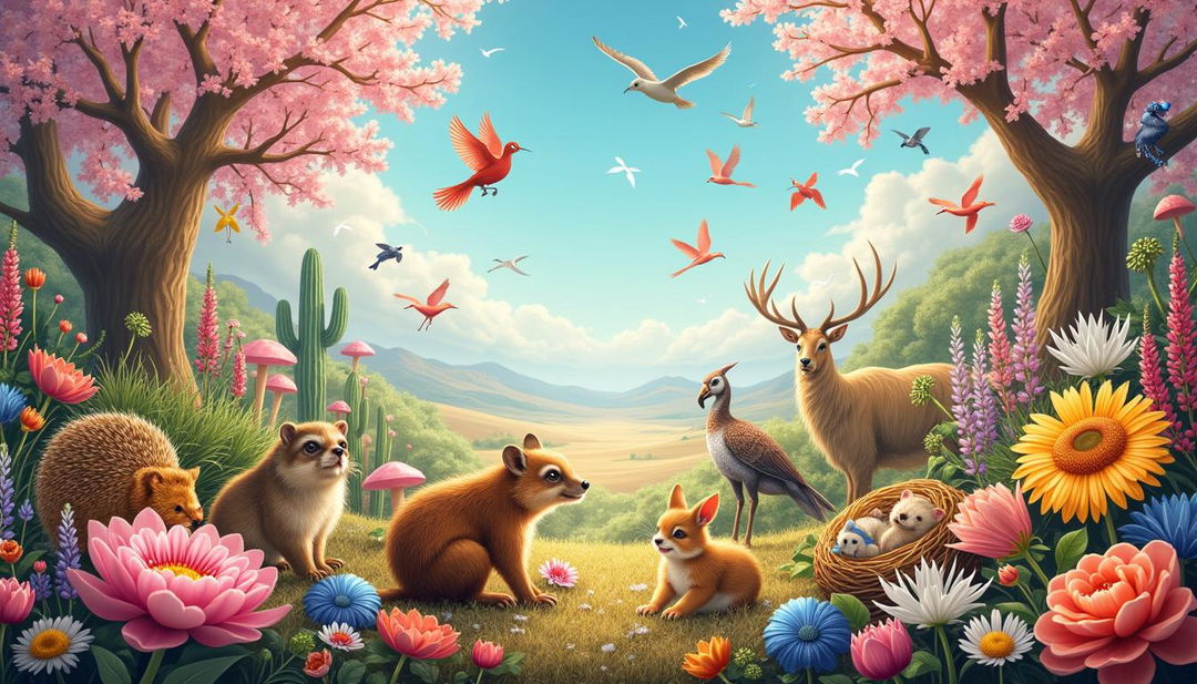 A cinematic scene filled with vibrant flora and adorable fauna: a variety of flowers including cherry blossoms, daisies, roses, tulips, lotus flowers, sunflowers, lavender, and wheat