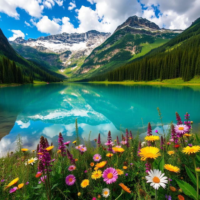 a serene mountain landscape with a pristine lake reflecting the sky, surrounded by lush green forests and vibrant wildflowers in full bloom