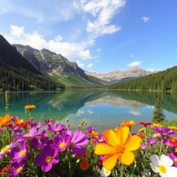 a serene mountain landscape with a pristine lake reflecting the sky, surrounded by lush green forests and vibrant wildflowers in full bloom