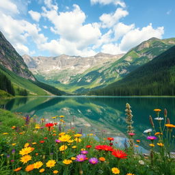 a serene mountain landscape with a pristine lake reflecting the sky, surrounded by lush green forests and vibrant wildflowers in full bloom