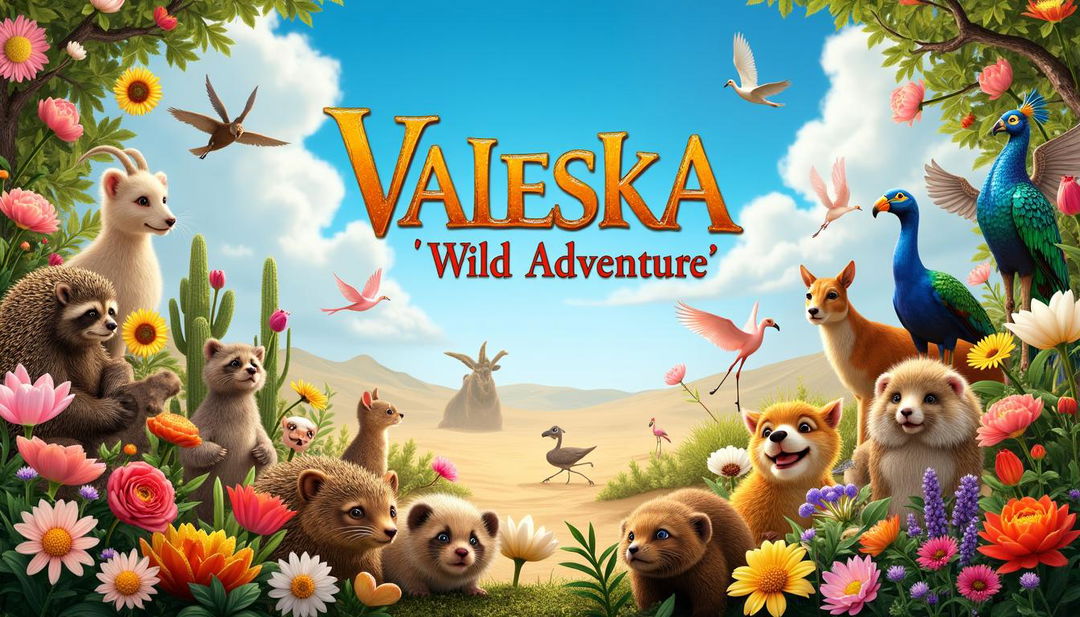 A movie poster featuring a whimsical scene filled with vibrant flora and adorable fauna: a variety of flowers including cherry blossoms, daisies, roses, tulips, lotus flowers, sunflowers, lavender, and wheat