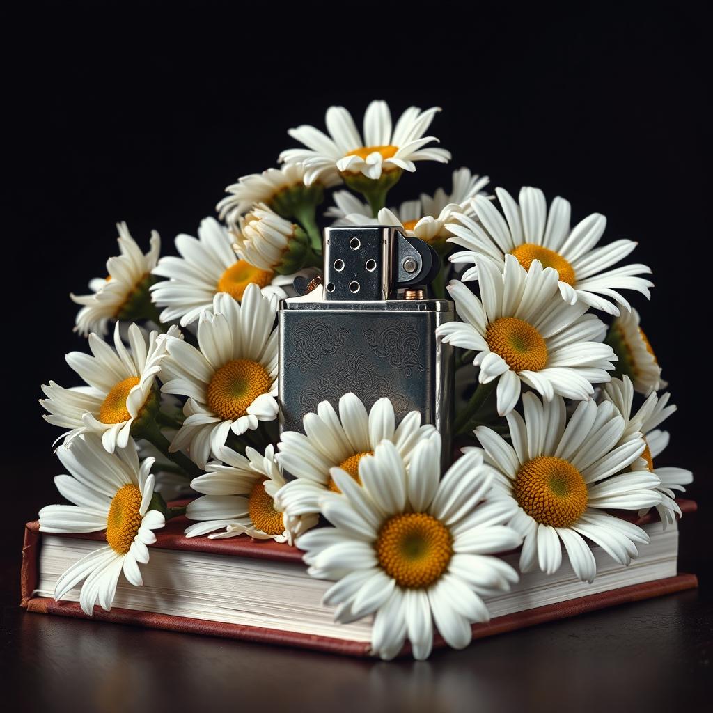 A realistic lighter with intricate details placed centrally on the book cover, surrounded by a flourishing arrangement of daisy flowers with twisted, veiny blooms