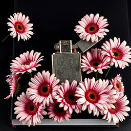 A realistic lighter with intricate details placed centrally on the book cover, surrounded by a flourishing arrangement of daisy flowers with twisted, veiny blooms