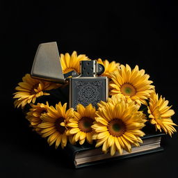 A realistic lighter with intricate details placed centrally on the book cover, surrounded by a flourishing arrangement of daisy flowers with twisted, veiny blooms