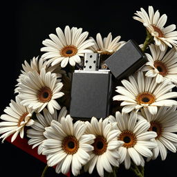 A realistic lighter with intricate details placed centrally on the book cover, surrounded by a flourishing arrangement of daisy flowers with twisted, veiny blooms