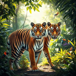 A majestic tiger standing gracefully amidst a vibrant and dense jungle, its powerful stripes perfectly contrasting against the lush greenery