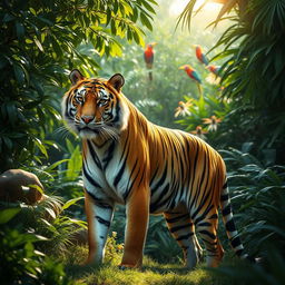 A majestic tiger standing gracefully amidst a vibrant and dense jungle, its powerful stripes perfectly contrasting against the lush greenery