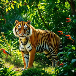 A majestic tiger standing gracefully amidst a vibrant and dense jungle, its powerful stripes perfectly contrasting against the lush greenery