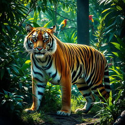 A majestic tiger standing gracefully amidst a vibrant and dense jungle, its powerful stripes perfectly contrasting against the lush greenery